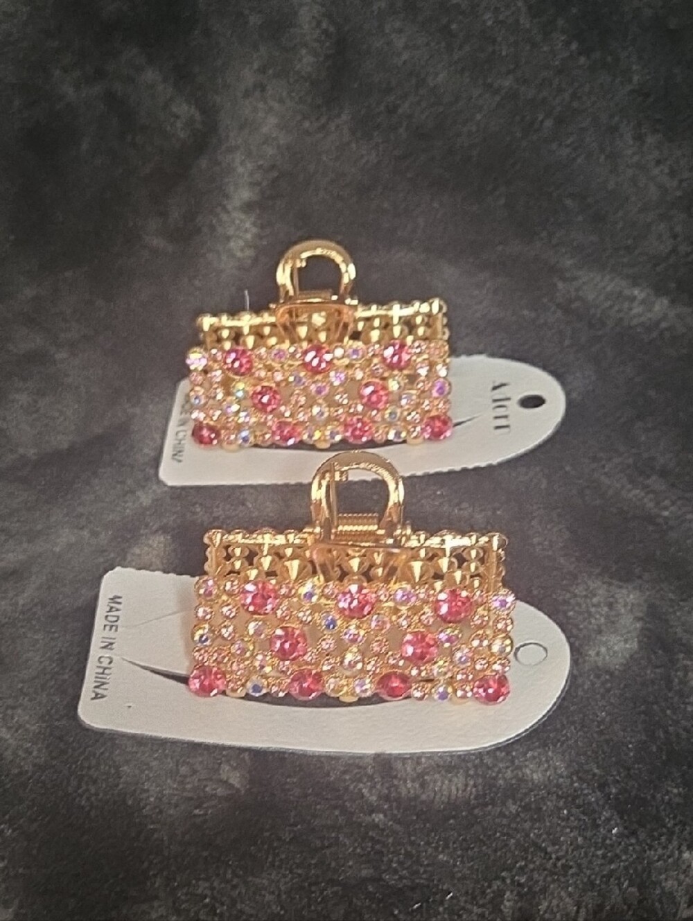 2 Gold-Tone Mini Hair Claws with Pink Crystal Accents